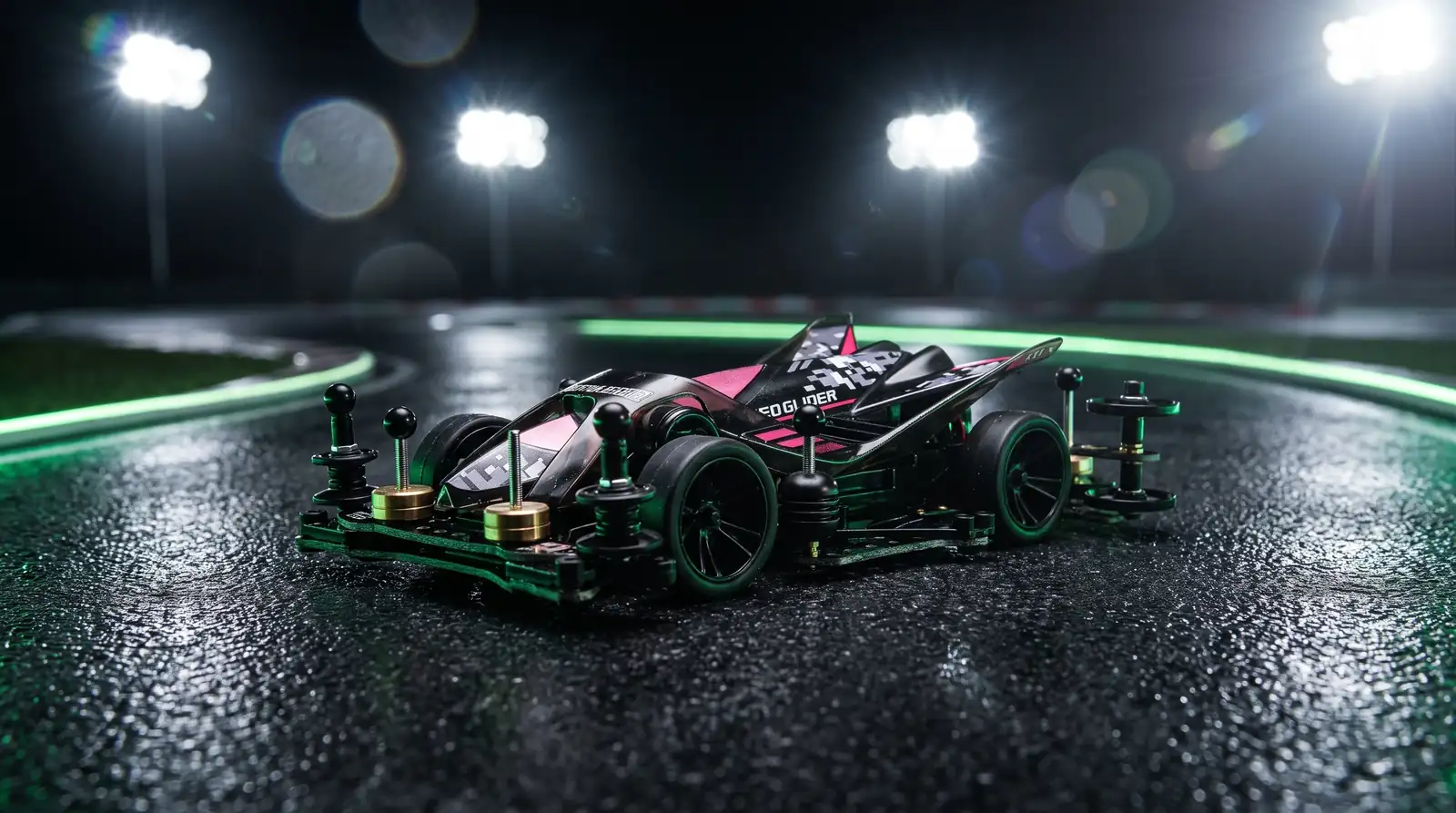 Tamiya Mini 4WD RC car under stadium lights on a wet night track